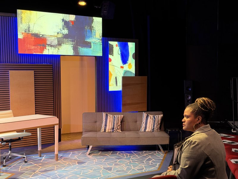 Woman watching two large screens displaying abstract art in a room with a sofa, desk, and patterned rug.