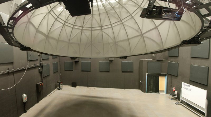 Wide-angle view of a dark room with a large, white, domed screen suspended from the ceiling.