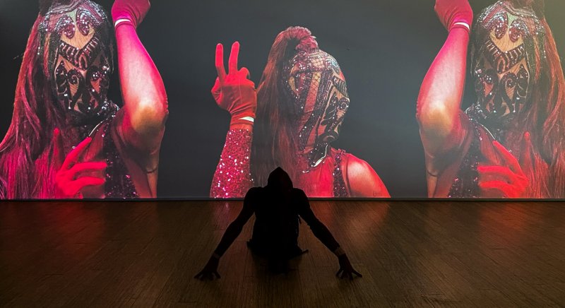 A person in silhouette on a wooden floor, facing a large projection of a figure in a red sequined outfit and an ornate mask.